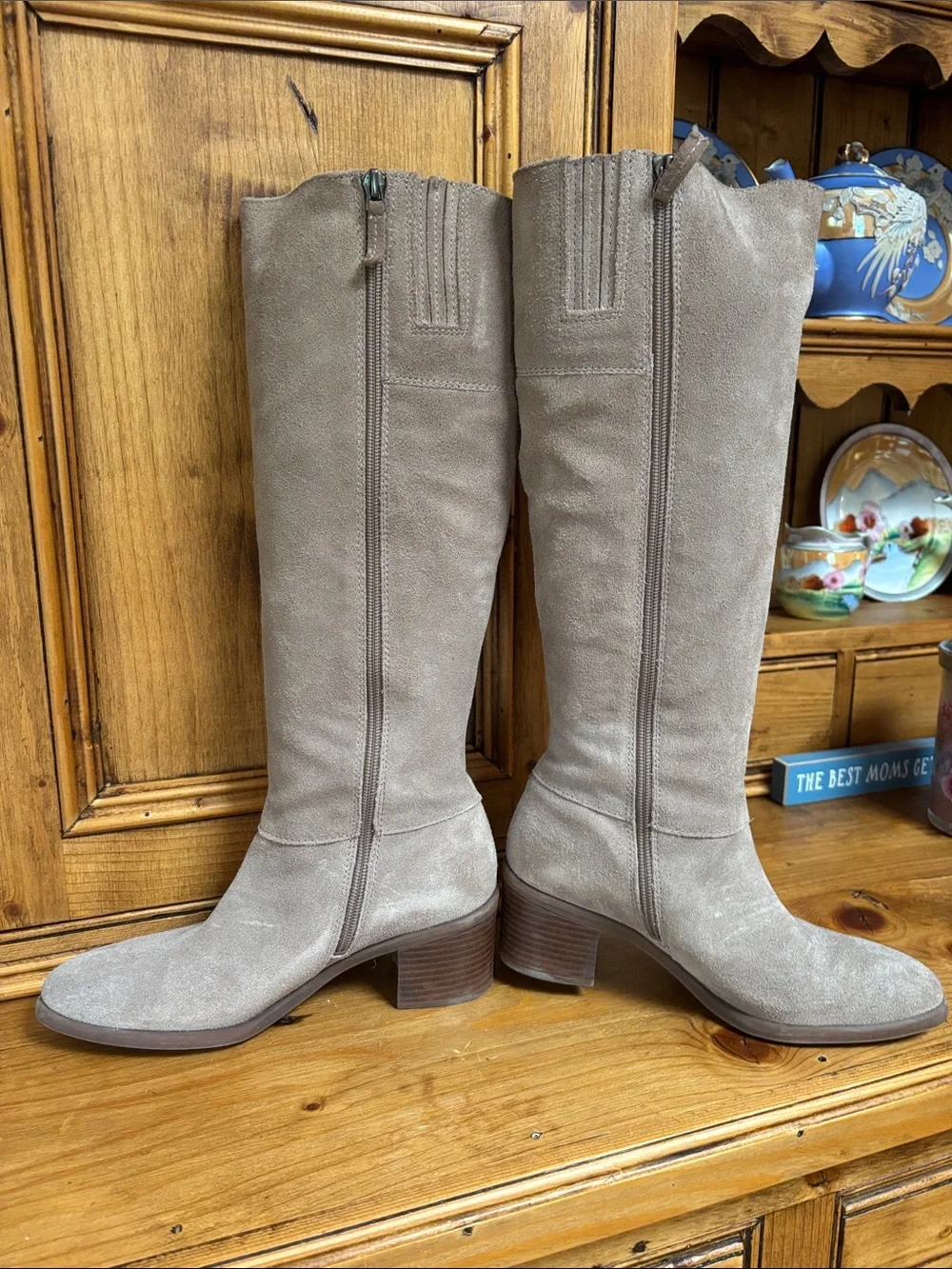 Franco Sarto MishroomTaupe Suede Knee-High Buckle Boots